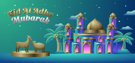 Téléchargez les illustrations : Un design coloré d'élégance modèle de bannière Eid Al Adha Moubarak avec une belle vue sur la mosquée - en licence libre de droit