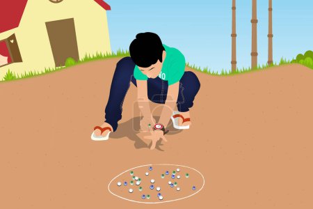 Téléchargez les illustrations : Illustration numérique d'un enfant jouant à un jeu de jardin avec des billes - en licence libre de droit