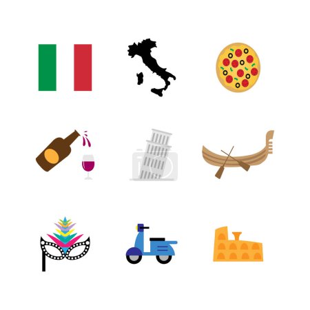 Téléchargez les illustrations : Un pack icône avec drapeau d'Italie, carte, pizza, vin, tour, gondole et masque isolé sur fond blanc - en licence libre de droit