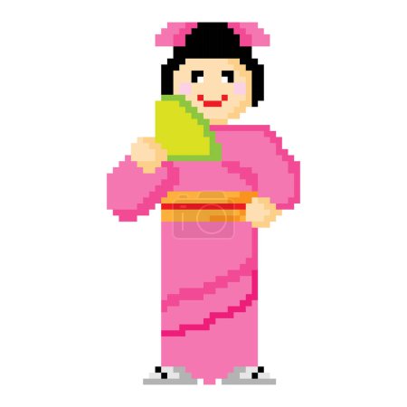 Ilustración de El diseño vectorial pixel art de una chica con un kimono rosa sobre un fondo blanco - Imagen libre de derechos