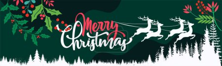Illustration for Merry Christmas banner with winter theme snow design background. Christmas ornaments calligraphy with red green pink leaves and pine trees. Reindeer. - Royalty Free Image