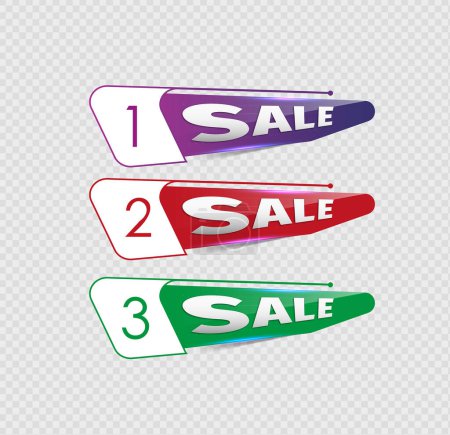Illustration for A vector illustration of three different colored for sale design logos - Royalty Free Image