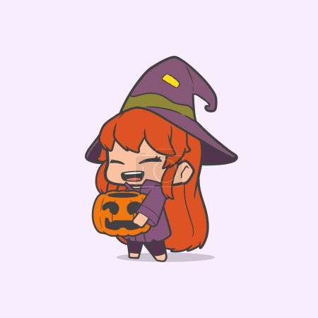 Illustration for A vector illustration of cute funny little witch holding a carved pumpkin - Halloween concept - Royalty Free Image