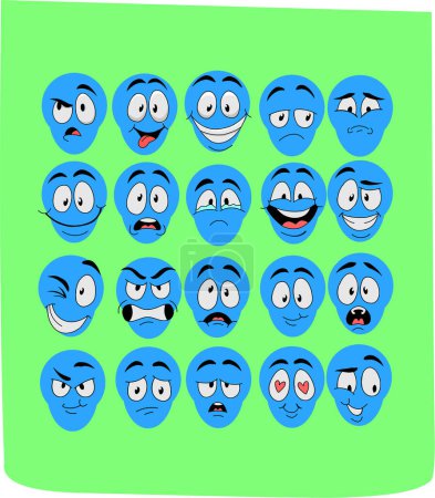 Ilustración de Un paquete de iconos de caras azules que expresan diferentes emociones sobre un fondo verde - Imagen libre de derechos