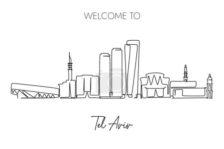 Illustration for Single continuous line drawing of the Tel Aviv skyline. Traveling to Israel - Royalty Free Image