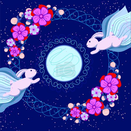 Téléchargez les illustrations : Illustration vectorielle de lapins mignons atteignant la pleine lune sur fond bleu - en licence libre de droit