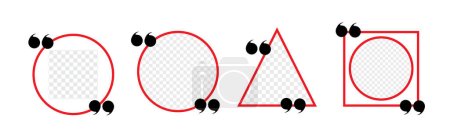 Illustration for A vector with four different red round, triangle and square shapes with transparent backgrounds and black commas - Royalty Free Image