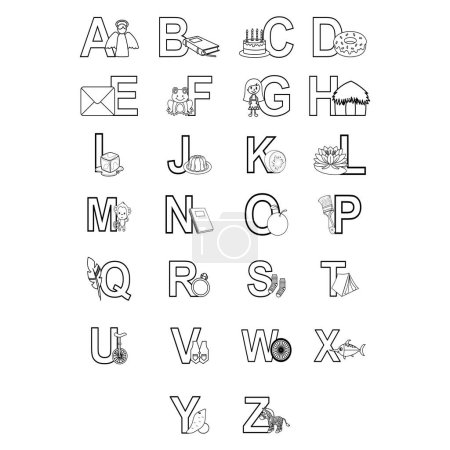 Téléchargez les illustrations : Les lettres de l'alphabet sur un fond blanc avec de petites images. - en licence libre de droit