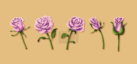 Illustration for A horizontal vector design of five pink roses with green stems with a beige background - Royalty Free Image