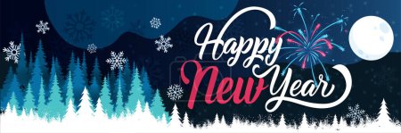 Ilustración de Feliz año nuevo banner con fondo paisaje de invierno. feliz año nuevo diseño de tarjetas de felicitación incluye copos de nieve, fuegos artificiales, árboles de Navidad y la luna. - Imagen libre de derechos