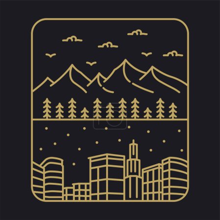 Illustration for A minimalist picture of buildings over a background of mountains - Royalty Free Image
