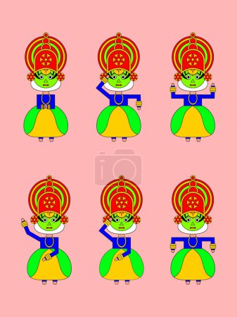 Téléchargez les illustrations : Un ensemble vectoriel vertical de danseuses traditionnelles indiennes dans différentes poses isolées sur un fond rose. - en licence libre de droit
