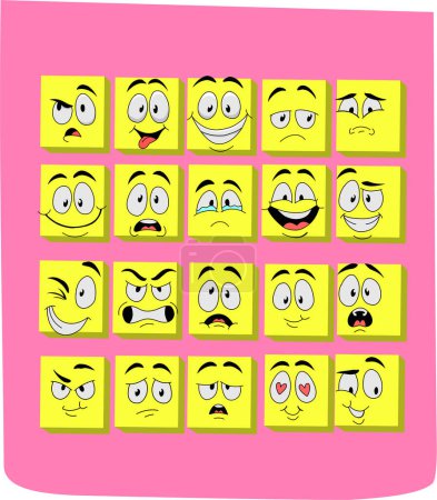 Téléchargez les illustrations : Un pack d'icônes de visages jaunes exprimant différentes émotions sur fond rose - en licence libre de droit