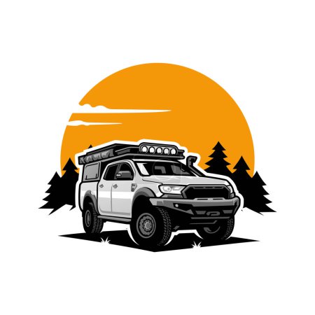 A vector design of a light gray SUV pickup truck with an orange sky background- off-road car