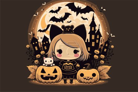 Illustration for A vector illustration of a cute witch character next carved pumpkins against a creepy city - Royalty Free Image