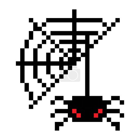Ilustración de Un diseño vectorial vertical del arte de píxeles de Halloween de una araña aterradora y su web sobre un fondo blanco - Imagen libre de derechos