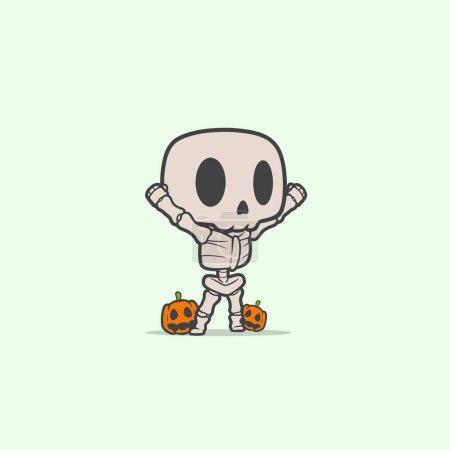 Téléchargez les illustrations : Une illustration vectorielle de fantôme squelette drôle mignon et citrouilles concept Halloween - en licence libre de droit