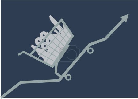 Ilustración de Un carrito de compras subiendo con un gráfico de flechas - Imagen libre de derechos
