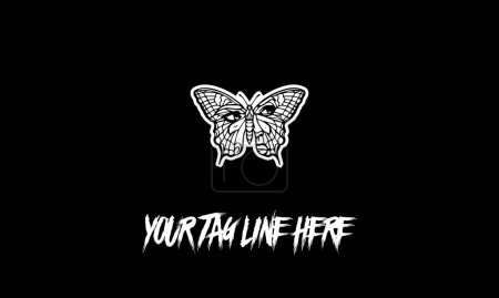 Téléchargez les illustrations : Un logo vectoriel modifiable d'un papillon avec un visage avec un espace pour le slogan sur un fond noir - en licence libre de droit