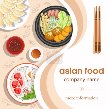 Téléchargez les illustrations : Illustration vectorielle des variantes alimentaires asiatiques et des baguettes sur une affiche - en licence libre de droit
