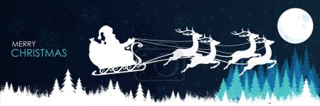 Illustration for Merry christmas banner with winter landscape background and flying santa with reindeers. christmas greeting card design with snowflakes, xmas trees. - Royalty Free Image