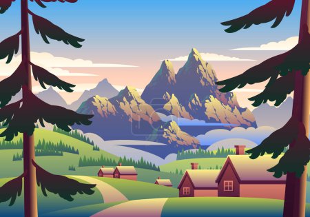 Illustration for A landscape illustration with a house and mountains - Royalty Free Image