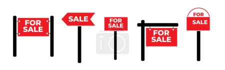 Téléchargez les illustrations : Un vecteur d'une collection de signes de vente rouge pour l'immobilier isolé sur le fond blanc - en licence libre de droit