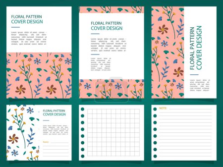 Illustration for A vector collection of a floral pattern cover design and white blank pages of a pink notebook with green background - Royalty Free Image