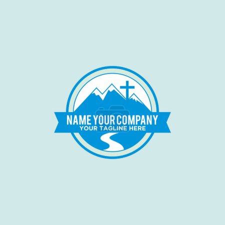 Téléchargez les illustrations : Montagnes icône bleue dans un cadre rond et logo modèle de nom sur fond bleu clair - en licence libre de droit