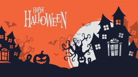 Illustration for A Halloween banner with an orange background and black illustrations - for a poster or a greeting card - Royalty Free Image
