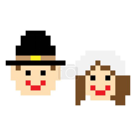 Téléchargez les illustrations : Un pixel art mignon d'un homme et d'une femme isolés sur un fond blanc vide pour le jour de Thanksgiving - en licence libre de droit