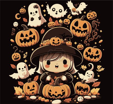 Illustration for A vector illustration of a cute witch character surrounded by carved pumpkins and ghosts - Royalty Free Image