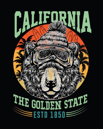 Illustration for California The Golden State stylish trendy typography - perfect for apparel design with a bear on a circle - Royalty Free Image