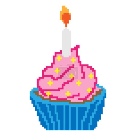 Illustration for An editable pixel art of a muffin with a pink icing and a candle on it - Royalty Free Image