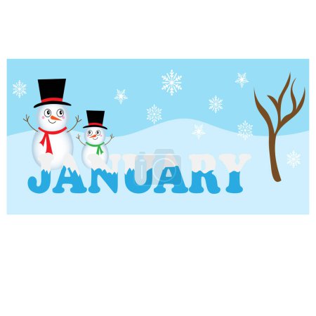 Téléchargez les illustrations : Un mois de janvier fond bleu d'hiver avec de jolis bonhommes de neige dessus - en licence libre de droit