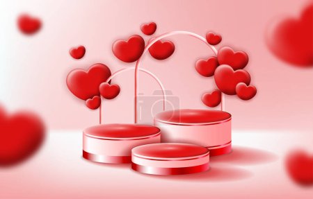 Illustration for A vector illustration of three realistic red podium backgrounds surrounded by red hearts - Royalty Free Image