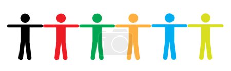 Illustration for A vector illustration of colorful human figures holding hands standing in a row - Royalty Free Image