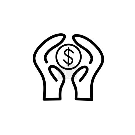 Ilustración de Un icono de las manos delineadas sosteniendo una moneda aislada sobre un fondo blanco - Imagen libre de derechos