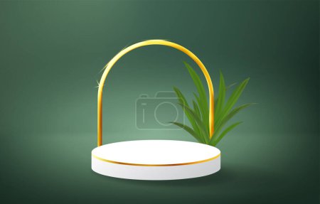 Téléchargez les illustrations : Illustration vectorielle d'un podium blanc réaliste et de feuilles tropicales au fond vert - en licence libre de droit