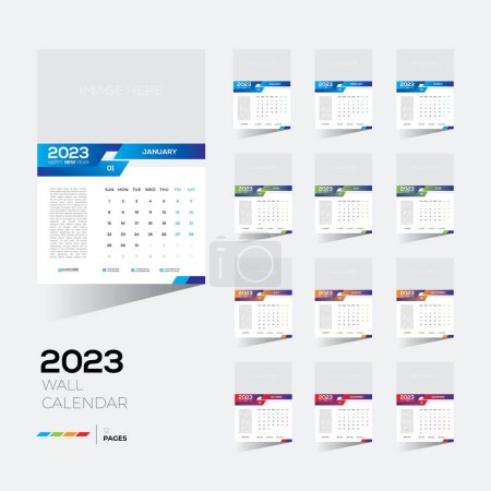 Ilustración de Una plantilla editable de un calendario de pared 2023 de los 12 meses con un espacio de imagen en blanco. - Imagen libre de derechos