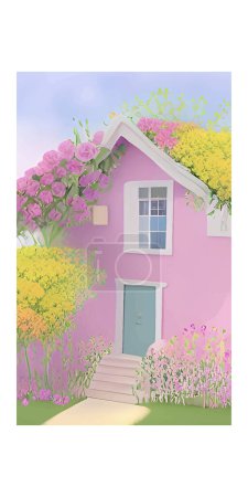 Téléchargez les illustrations : Illustration vectorielle verticale d'une belle maison aux murs colorés et aux fleurs roses - en licence libre de droit