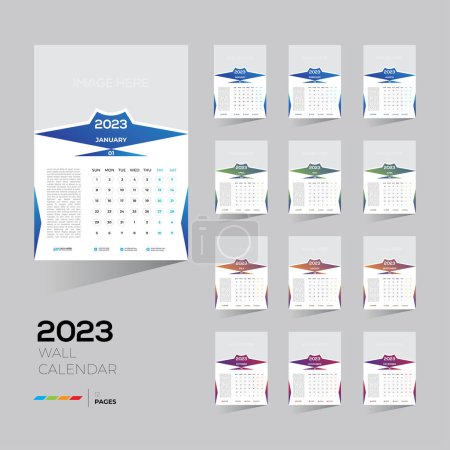 Téléchargez les illustrations : Un modèle modifiable d'un calendrier mural 2023 de tous les 12 mois avec un espace d'image vierge. - en licence libre de droit