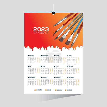 Ilustración de Una plantilla editable de un calendario de pared 2023 de los 12 meses con una imagen de pinceles de dibujo. - Imagen libre de derechos