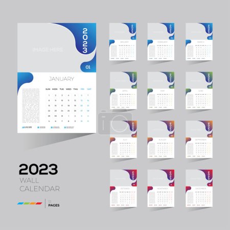Ilustración de Una plantilla editable de un calendario de pared 2023 de los 12 meses con un espacio de imagen en blanco. - Imagen libre de derechos