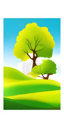 Ilustración de Una ilustración vectorial vertical de árboles verdes en una colina en el fondo azul del cielo - Imagen libre de derechos
