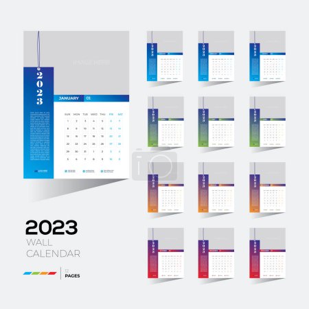 Illustration for An editable template of a 2023 wall calendar of all 12 months with a blank image space. - Royalty Free Image