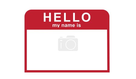 A red and white sticker tag with the text "hello my name is"