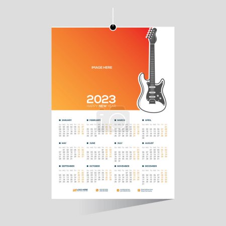 Ilustración de Una plantilla editable de un calendario de pared 2023 de los 12 meses con una imagen de una guitarra. - Imagen libre de derechos