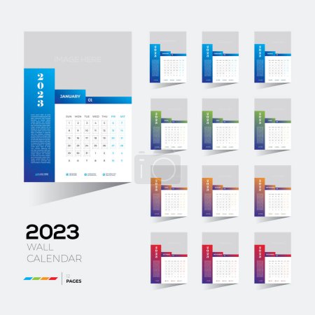 Illustration for An editable template of a 2023 wall calendar of all 12 months with a blank image space. - Royalty Free Image