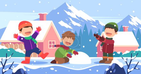 Téléchargez les illustrations : Quelques enfants jouant avec la neige dans une cour - en licence libre de droit